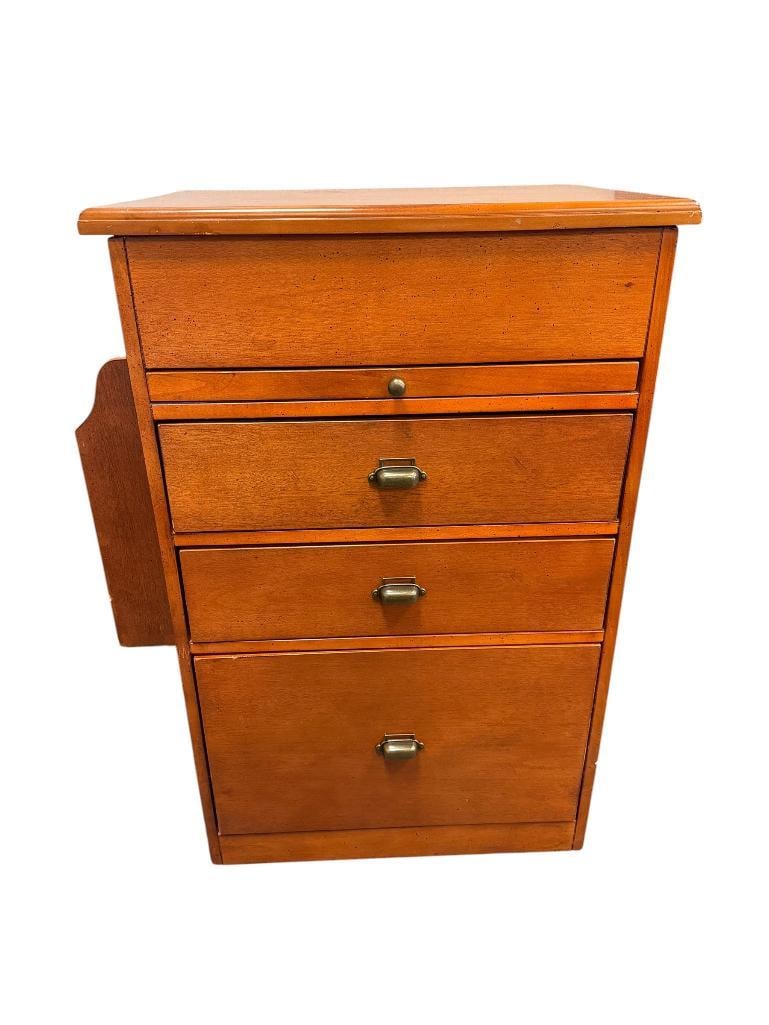 CONTEMPORARY THREE-DRAWER ROLLING HOBBY / CRAFT CABINET: FEATURES THREE DRAWERS, WRITING TABLET, HINGED TOP WITH REMOVABLE TOP AND SIDE SLOT FOR PAPER, LIKE-NEW CONDITION 24" X 16" X 34"