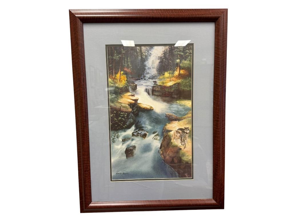 ROBERT BRASHER LIMITED EDITION PRINT FOREST LANDSCAPE NO. 41/990: ART DEPICTS FOREST LANDSCAPE WITH PACK OF THE WOLVES ALONG THE RIVER BED, SIGNED LOWER LEFT, FRAMED 23 1/2" X 31 1/2" FRAME