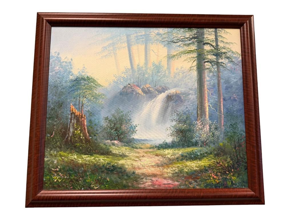 JUDSON SIGNED ORIGINAL OIL ON CANVAS SERENE LANDSCAPE: ART DEPICTS TRANQUIL LANDSCAPE WITH WATERFALL, SIGNED LOWER LEFT, FRAMED 27 1/2" X 23 1/4" FRAME
