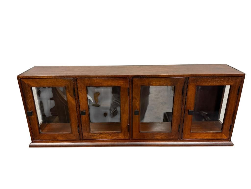 POTTERY BARN DARK FINISH WALL MOUNT STORAGE CABINET WITH GLASS FRONT DOORS: FOUR DOOR WALL MOUNT CABINET WITH METAL SQUARE KNOBS, LIKE-NEW CONDITION 36" X 7" X 13"
