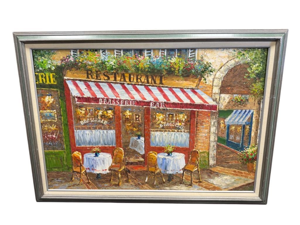 LARGE HEAVY ACRYLIC ON CANVAS PAINTING PARISIAN CAFES ALLEY SCENE: 41" X 29" FRAME