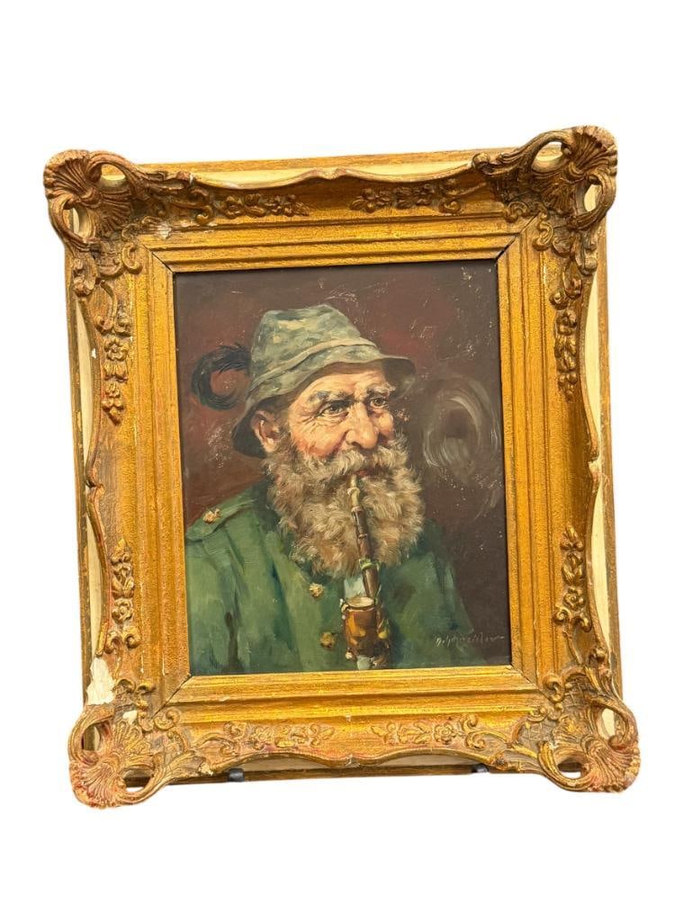 A. SCHNIEDER NETHERLAND ARTIST ORIGINAL OIL ON BOARD PAINTING PORTRAIT OF A BEARDED MAN: KNOWN FOR HIS CHARACTER STUDIES OF PEOPLE, ART DEPICTS BEARDED MAN SMOKING FROM A PIPE, SIGNED LOWER RIGHT, INFO ON THE BACK, FRAMED 15" X 17 1/4" FRAME