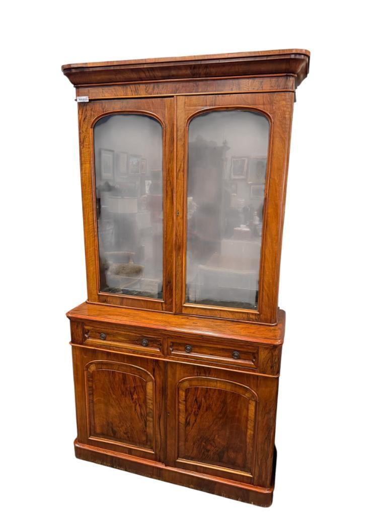 ANTIQUE TWO PIECE BREAKFRONT CABINET WITH ARCHED WINDOWS: THREE TIER BOOKCASE TOP WITH STORAGE BOTTOM, RICH WOOD GRAIN, ORIGINAL HARDWARE, INCLUDES TWO KEYS 47" X 18" X 88"