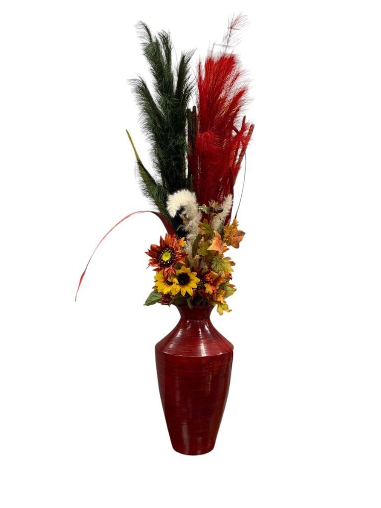 BAMBOO DECORATIVE VASE WITH ARTIFICIAL TWIGS, FEATHERS, AND FLOWERS: 21" VASE, 56" OVERALL H