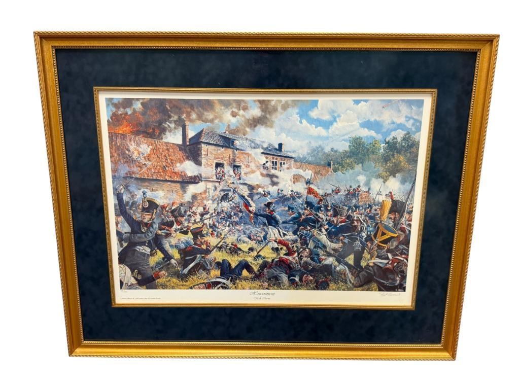 MARK CHURMS LIMITED EDITION PRINT TITLED HOUGOMONT BATTLE OF WATERLOO NAPOLENIC WAR SCENE: DEPICTS FRENCH INFANTRY ATTACKING THE FORTIFIED FARMHOUSE CIRCE JUNE 18, 1815, NO. 135/1000, SIGNED LOWER RIGHT, FRAMED 31 1/2" X 25" FRAME