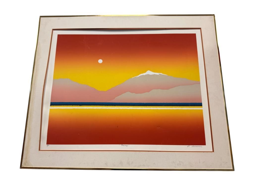LARGE LIMITED EDITION PRINT TITLED MIRAGE NO. 77/300: PRINT SHOWS SCUFFS AND DENTS 35" X 29" FRAME