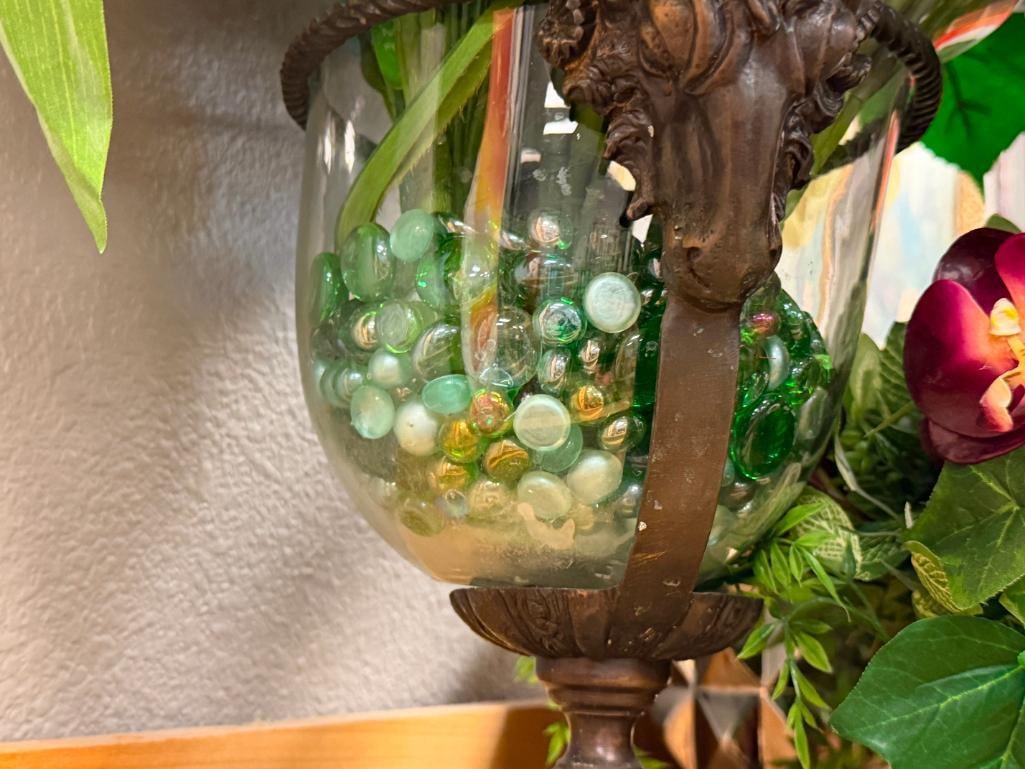 THREE DECORATIVE HOME DECOR VASES / POTS WITH FAUX PLANTS / FLOWERS - 11
