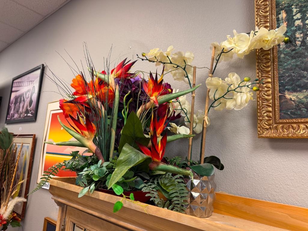 THREE DECORATIVE HOME DECOR VASES / POTS WITH FAUX PLANTS / FLOWERS - 2