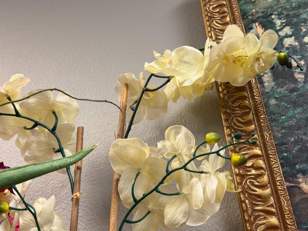 THREE DECORATIVE HOME DECOR VASES / POTS WITH FAUX PLANTS / FLOWERS - 5