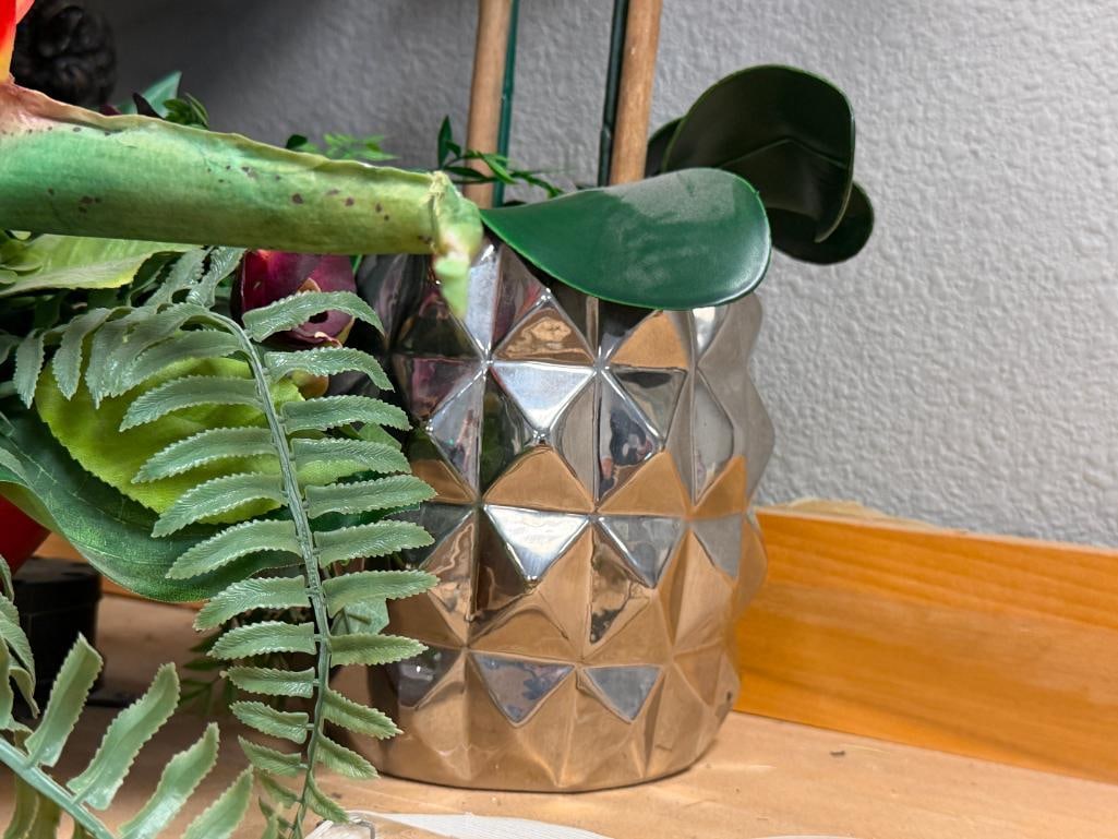 THREE DECORATIVE HOME DECOR VASES / POTS WITH FAUX PLANTS / FLOWERS - 6