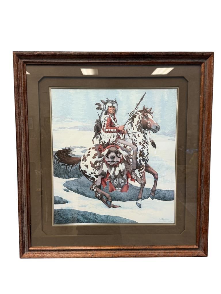 BEV DOOLITTLE WILDLIFE ARTIST LIMITED EDITION PRINT GUARDIAN SPIRITS 4109/13238: RELEASED IN 1986 AS A SET OF TWO LIMITED EDITION PRINTS, DEPICTS A NATIVE AMERICAN WARRIOR ON HORSEBACK CAMOUFLAGED WITH ANIMAL SPIRIT SYMBOLS, SIGNED LOWER RIGHT, FRAMED 29 1/2" X 31 1/2" FRAME