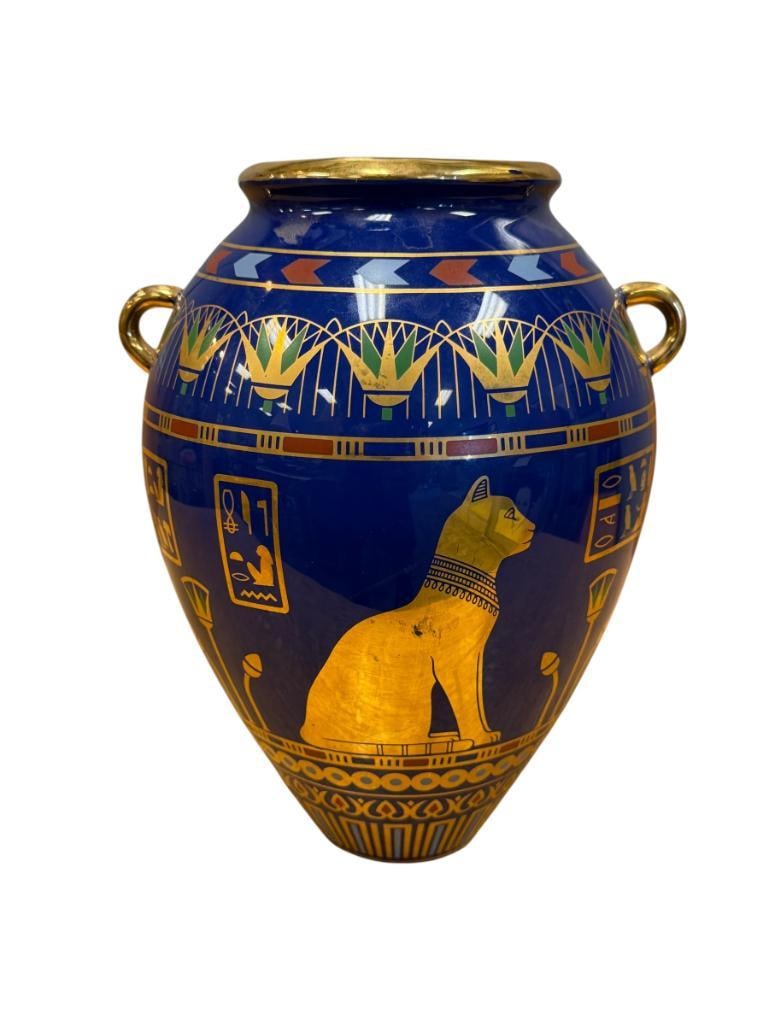 1987 THE FRANKLIN MINT THE GOLDEN VASE OF THE BEAST BY ROUSHDY ISKANDER GARAS: COBALT BLUE VASE DECORATED WITH HIEROGLYPHICS IN 24KT GOLD, VASE DOES SHOW LIGHT SCUFFS / SCRATCHES, NO CHIPS OR REPAIRS 9 3/4" H