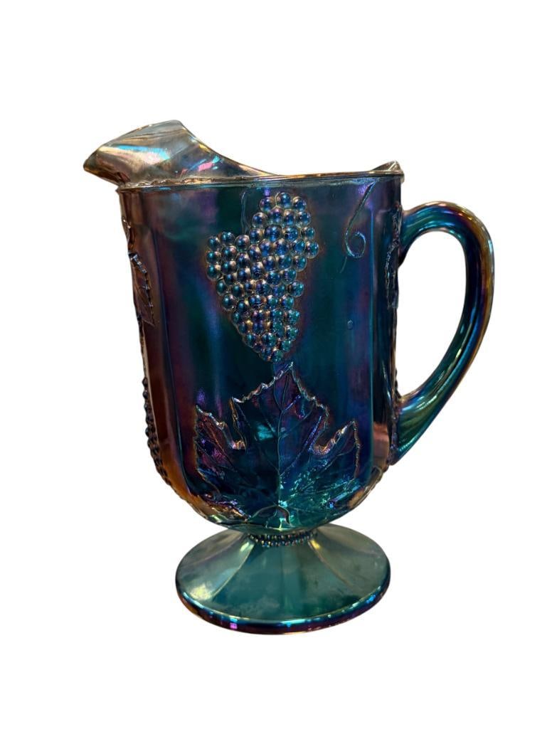 VINTAGE INDIANA GLASS CO. HARVEST GRAPE IRIDESCENT BLUE CARNIVAL GLASS PITCHER CIRCA 1970'S: GRAPEVINE RELIEF DESIGN, NO CHIPS OR CRACKS 10 1/2" H