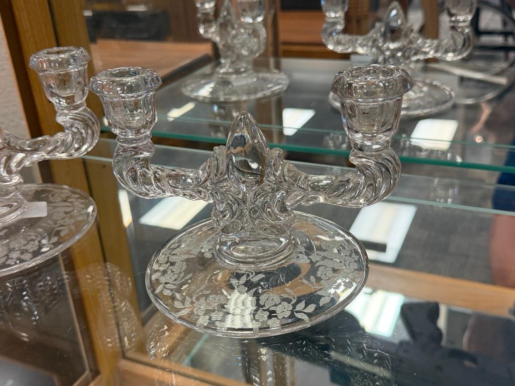 PAIR OF NEW MARTINSVILLE GLASS CO. DOUBLE CANDLE HOLDERS WITH ETCHED FLORAL DESIGN - 2