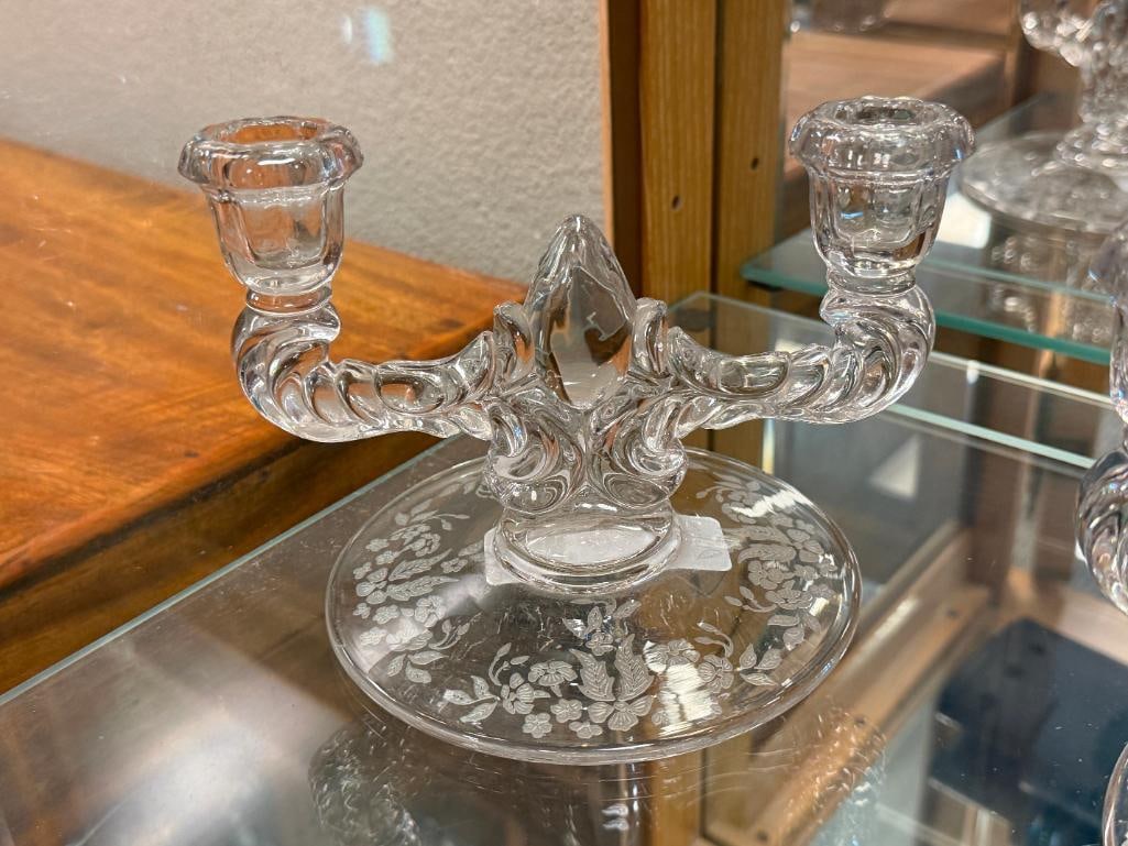 PAIR OF NEW MARTINSVILLE GLASS CO. DOUBLE CANDLE HOLDERS WITH ETCHED FLORAL DESIGN - 3