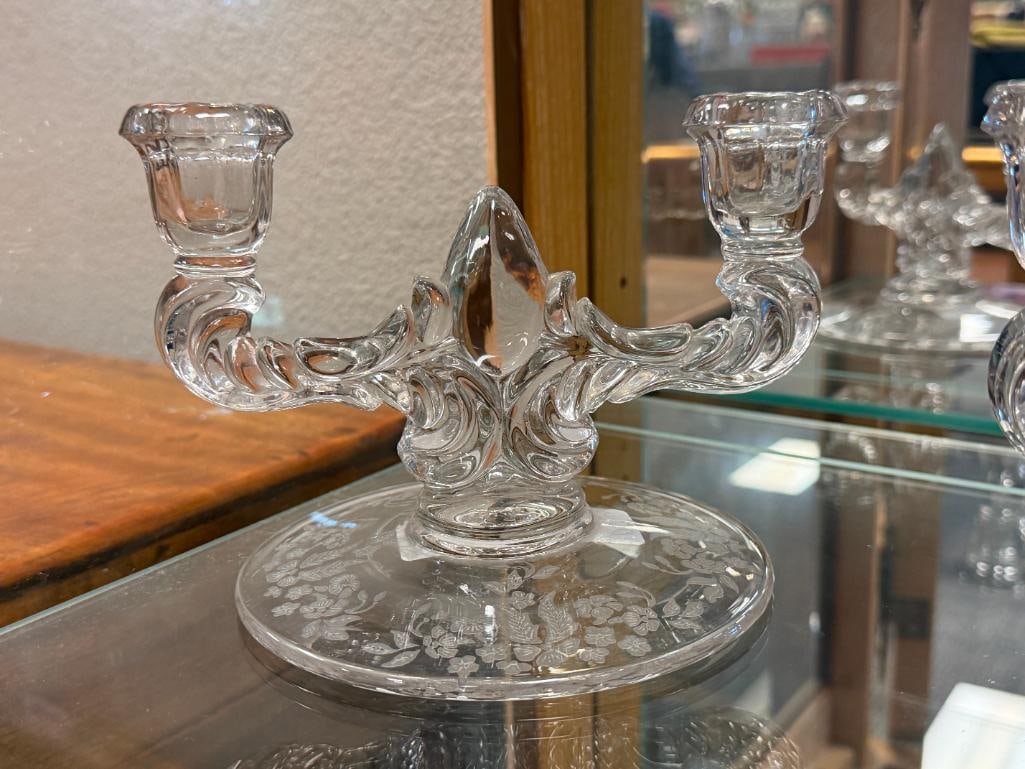 PAIR OF NEW MARTINSVILLE GLASS CO. DOUBLE CANDLE HOLDERS WITH ETCHED FLORAL DESIGN - 4