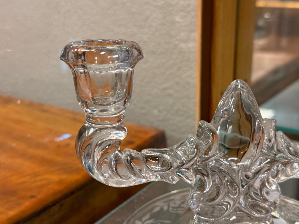 PAIR OF NEW MARTINSVILLE GLASS CO. DOUBLE CANDLE HOLDERS WITH ETCHED FLORAL DESIGN - 5
