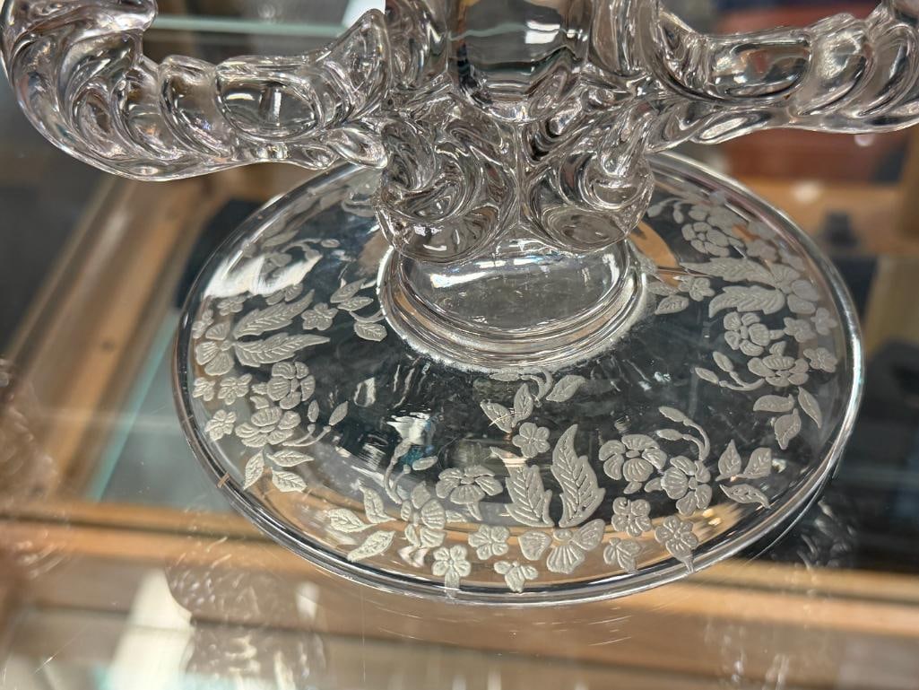 PAIR OF NEW MARTINSVILLE GLASS CO. DOUBLE CANDLE HOLDERS WITH ETCHED FLORAL DESIGN - 6