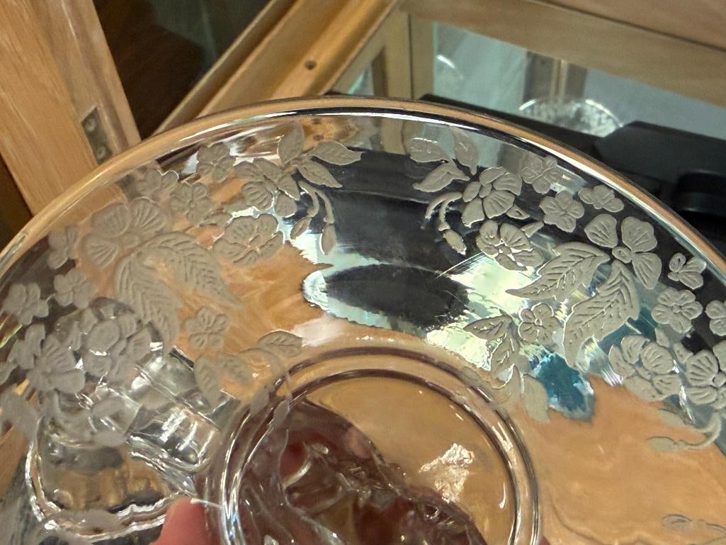 PAIR OF NEW MARTINSVILLE GLASS CO. DOUBLE CANDLE HOLDERS WITH ETCHED FLORAL DESIGN - 8