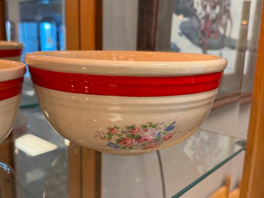 MID-20TH CENTURY OVEN BAKE MIXING BOWLS WITH FLORAL DESIGN AND RED BAND - 2