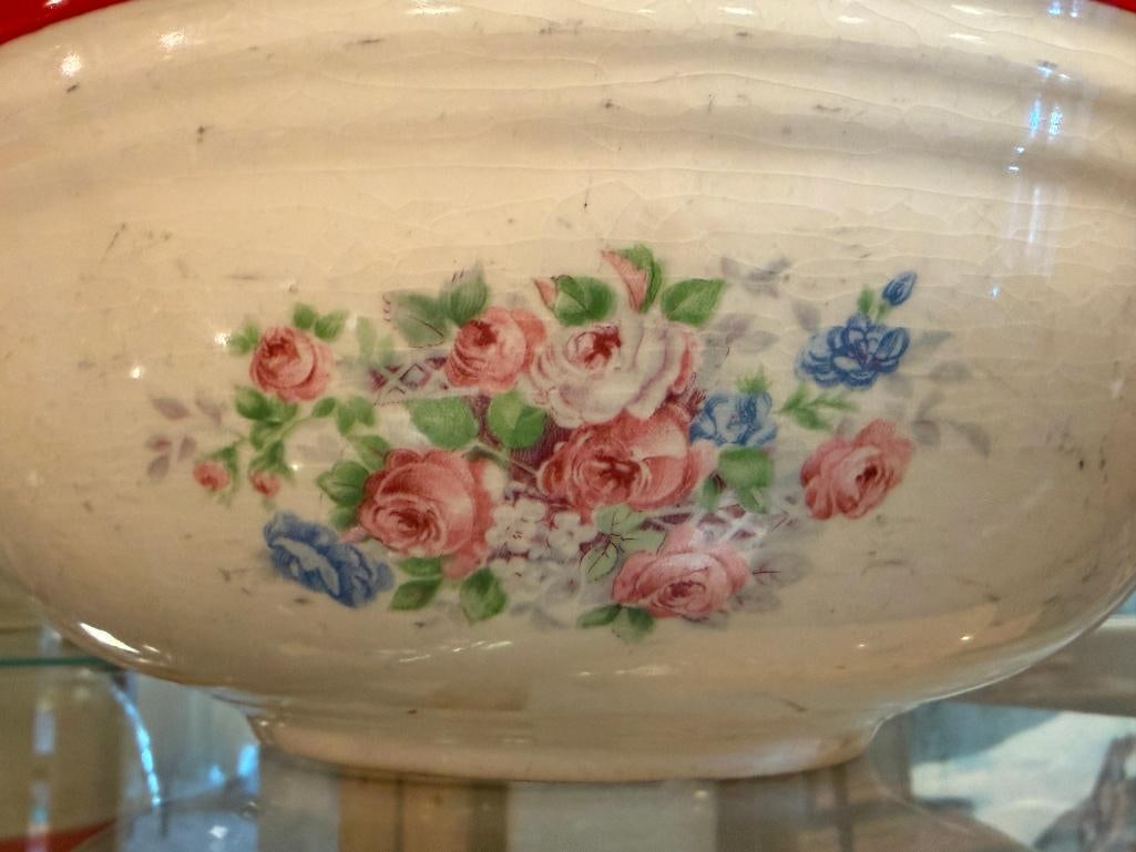 MID-20TH CENTURY OVEN BAKE MIXING BOWLS WITH FLORAL DESIGN AND RED BAND - 3