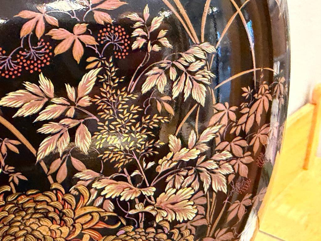 TOYO JAPAN BLACK MIRROR GLAZED CERAMIC VASE TENMOKU-KIKU MOTIF - 3