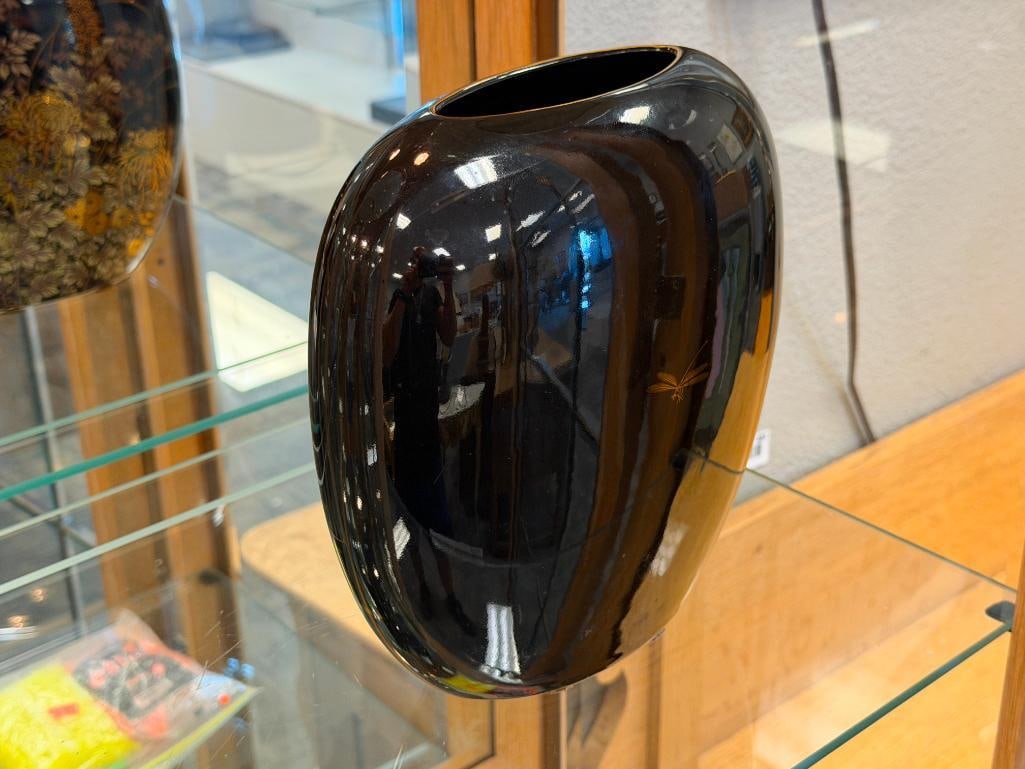 TOYO JAPAN BLACK MIRROR GLAZED CERAMIC VASE TENMOKU-KIKU MOTIF - 5