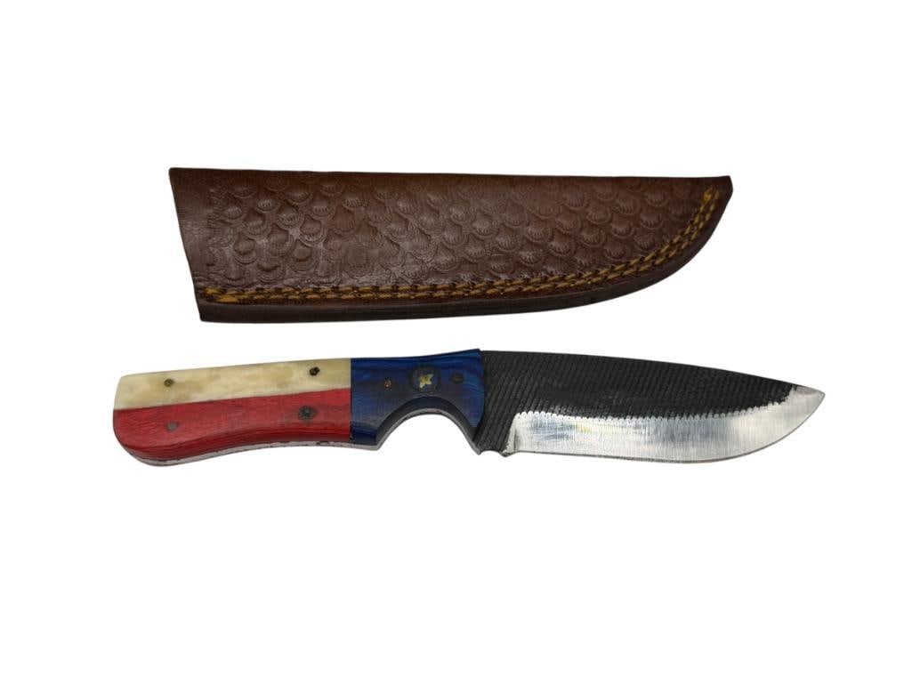TEXAS THEMED FORGED CARBON STEEL FIXED BLADE KNIFE WITH BONE ACCENTED HANDLE (1 of 7)