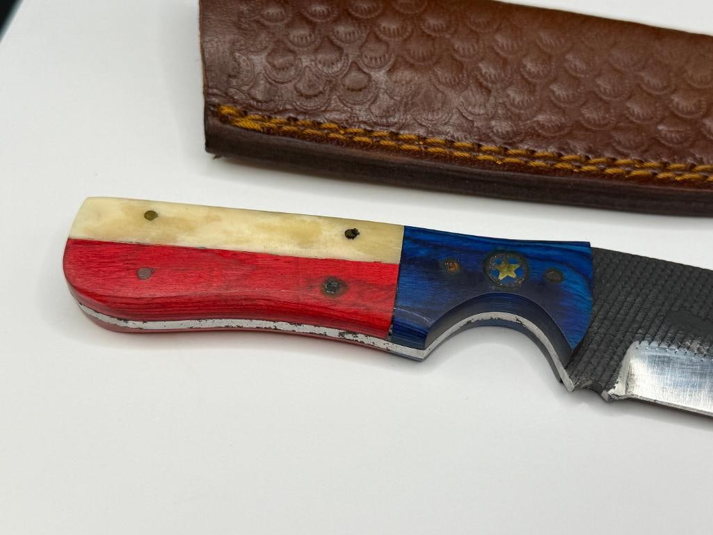 TEXAS THEMED FORGED CARBON STEEL FIXED BLADE KNIFE WITH BONE ACCENTED HANDLE - 3