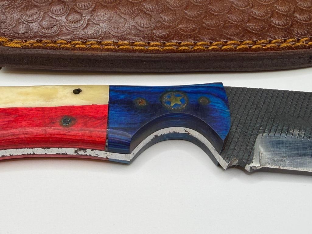 TEXAS THEMED FORGED CARBON STEEL FIXED BLADE KNIFE WITH BONE ACCENTED HANDLE - 4