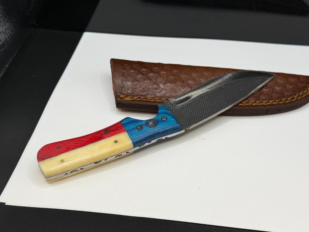 TEXAS THEMED FORGED CARBON STEEL FIXED BLADE KNIFE WITH BONE ACCENTED HANDLE - 5
