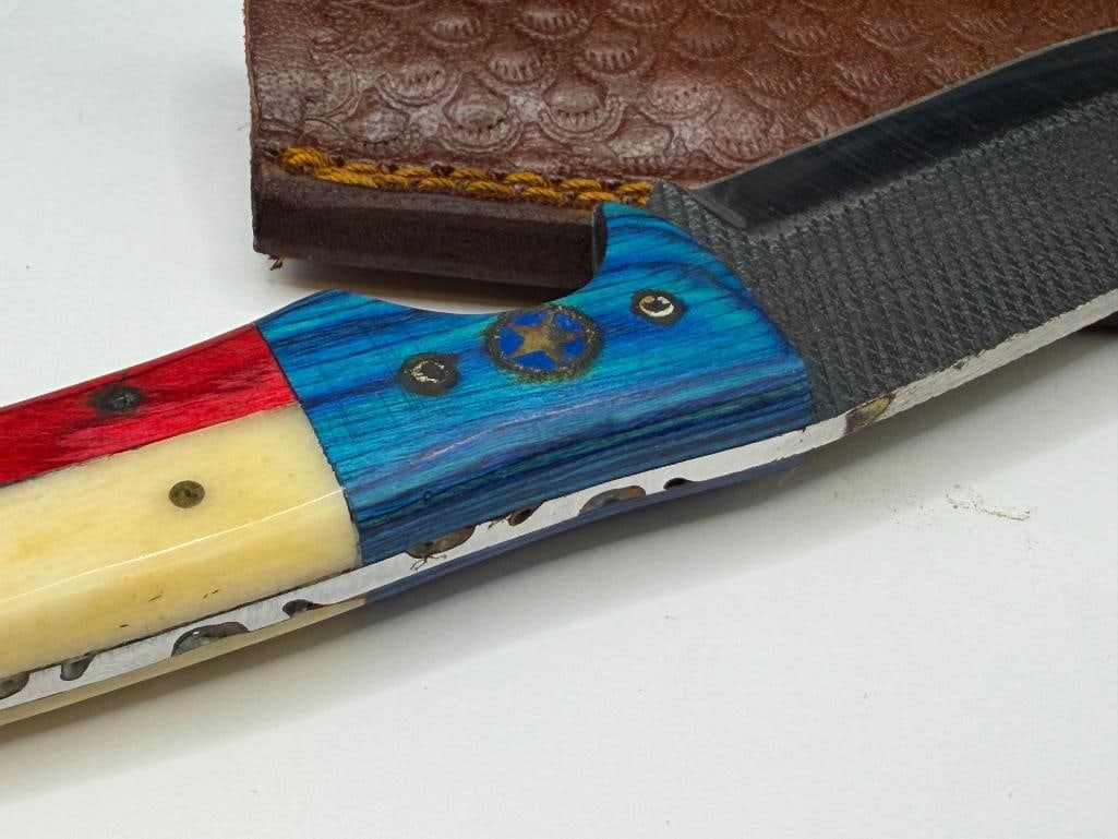 TEXAS THEMED FORGED CARBON STEEL FIXED BLADE KNIFE WITH BONE ACCENTED HANDLE - 6