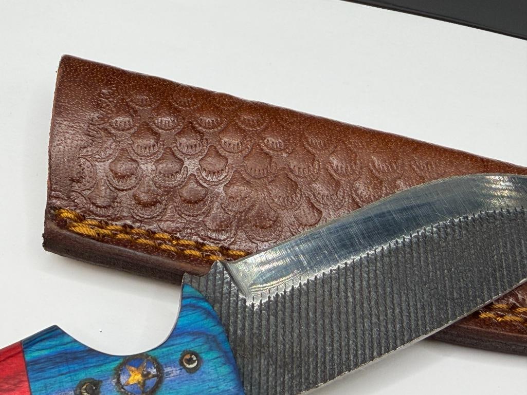 TEXAS THEMED FORGED CARBON STEEL FIXED BLADE KNIFE WITH BONE ACCENTED HANDLE - 7