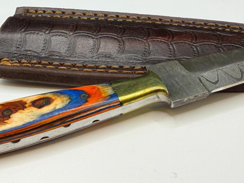 DAMASCUS STEEL FIXED BLADE DAGGER WITH DYED WOOD HANDLE WITH BRASS ACCENTS - 5
