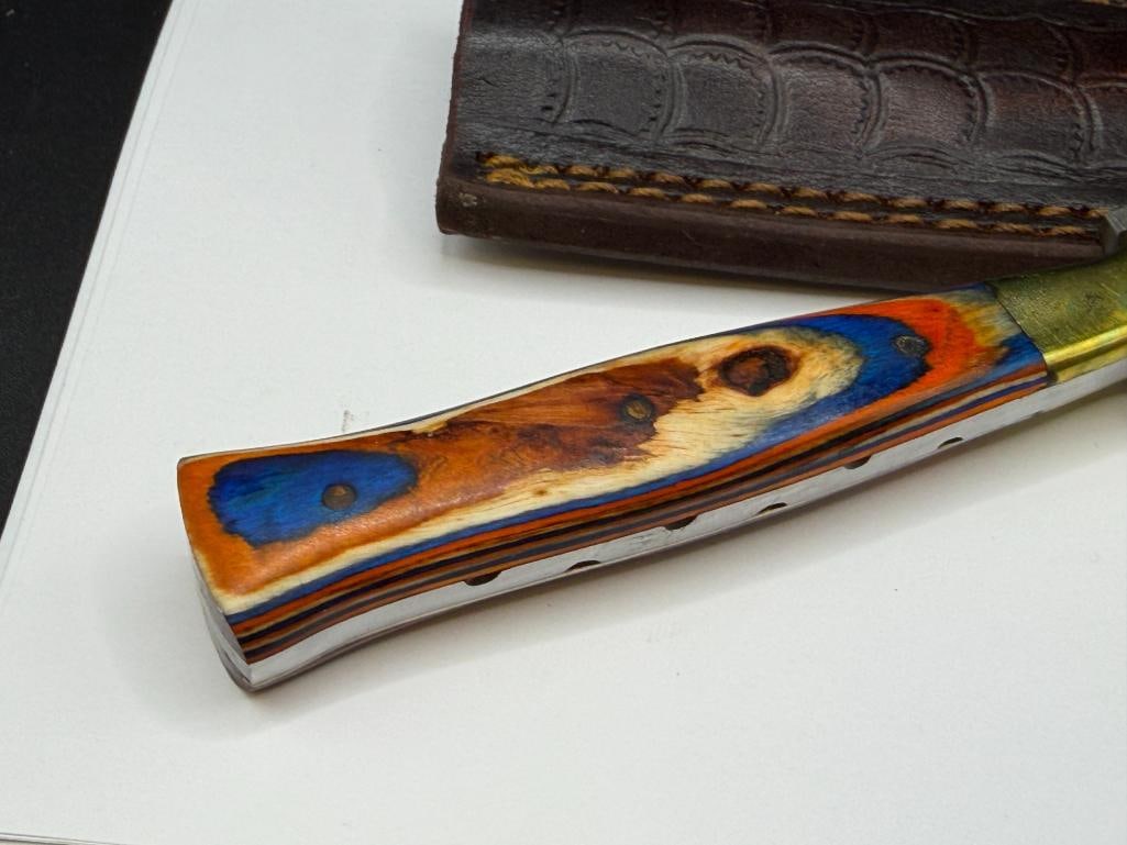 DAMASCUS STEEL FIXED BLADE DAGGER WITH DYED WOOD HANDLE WITH BRASS ACCENTS - 6