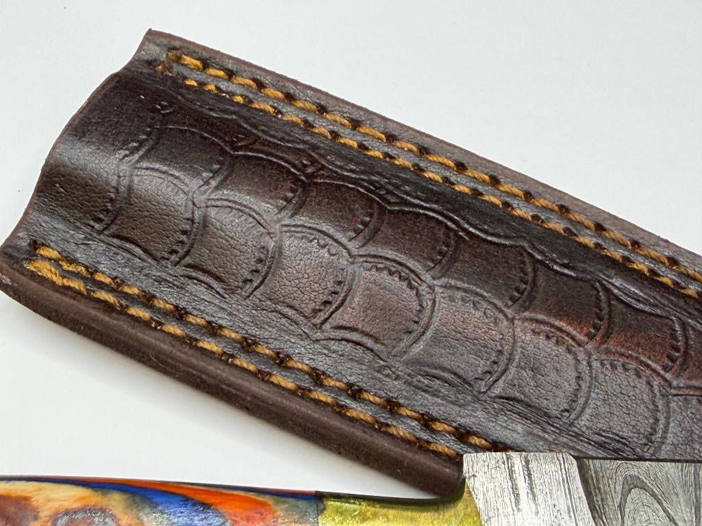 DAMASCUS STEEL FIXED BLADE DAGGER WITH DYED WOOD HANDLE WITH BRASS ACCENTS - 7