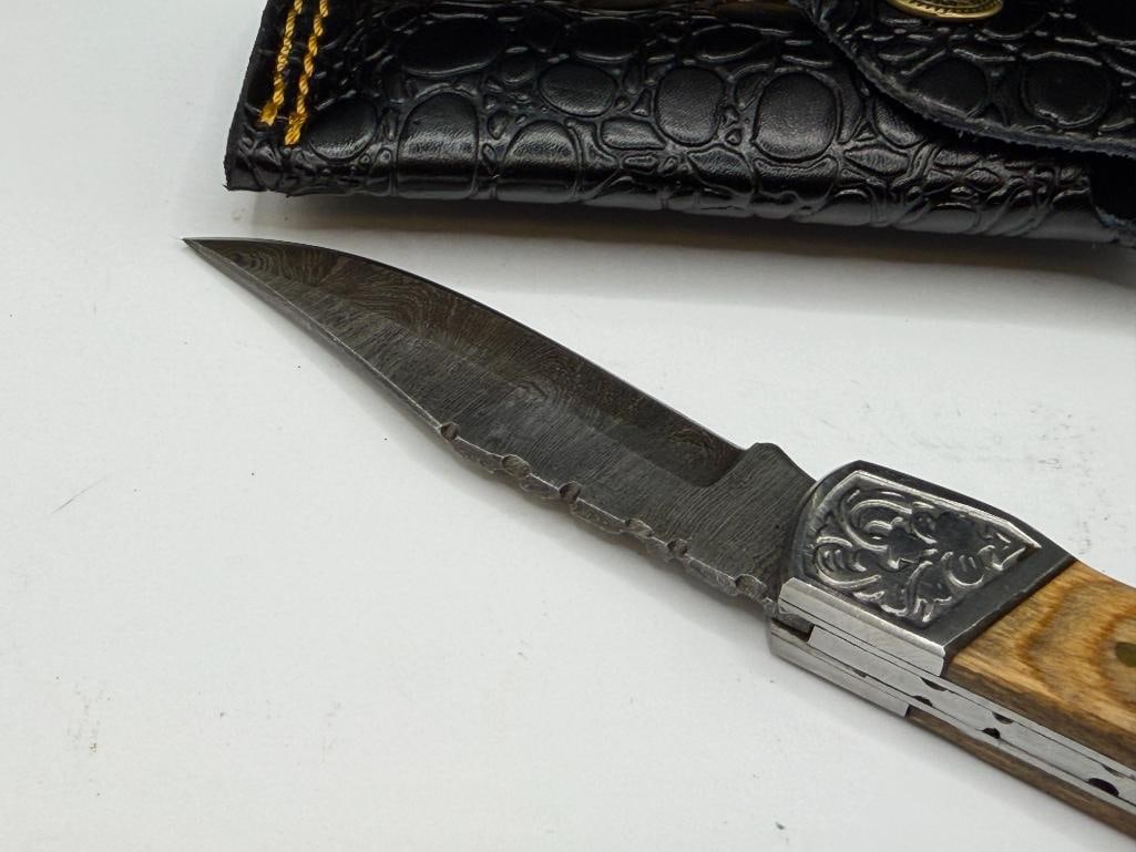 DAMASCUS STEEL FOLDING KNIFE WITH WOOD HANDLE - 6