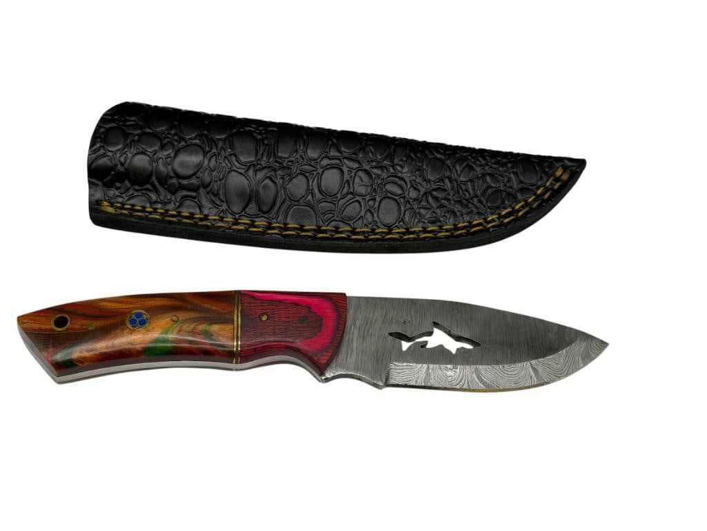 DAMASCUS STEEL FIXED BLADE KNIFE WITH SHARK SILHOUETTE CUTOUT IN BLADE: FEATURES DYED WOOD AND RESIN EPOXY HANDLE, FULL TANG DROP POINT BLADE, AND INCLUDES A LEATHER SHEATH 3 1/2" BLADE, 8" TOTAL LENGTH