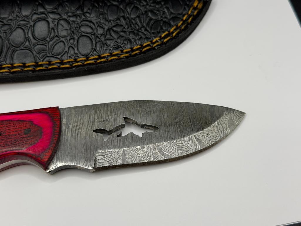 DAMASCUS STEEL FIXED BLADE KNIFE WITH SHARK SILHOUETTE CUTOUT IN BLADE - 2