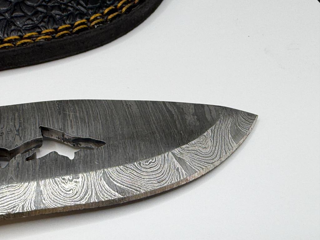 DAMASCUS STEEL FIXED BLADE KNIFE WITH SHARK SILHOUETTE CUTOUT IN BLADE - 3
