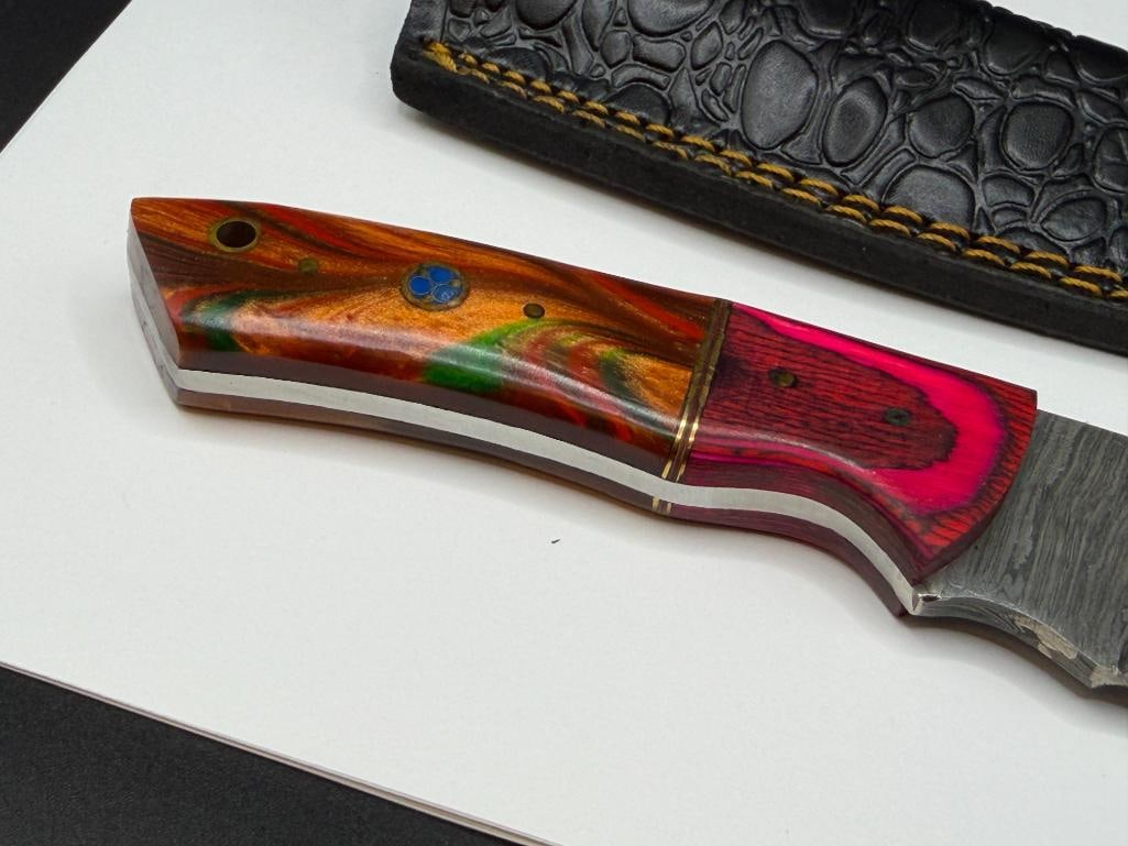 DAMASCUS STEEL FIXED BLADE KNIFE WITH SHARK SILHOUETTE CUTOUT IN BLADE - 4