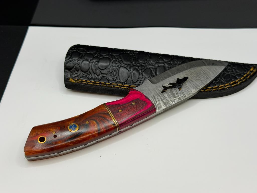DAMASCUS STEEL FIXED BLADE KNIFE WITH SHARK SILHOUETTE CUTOUT IN BLADE - 5