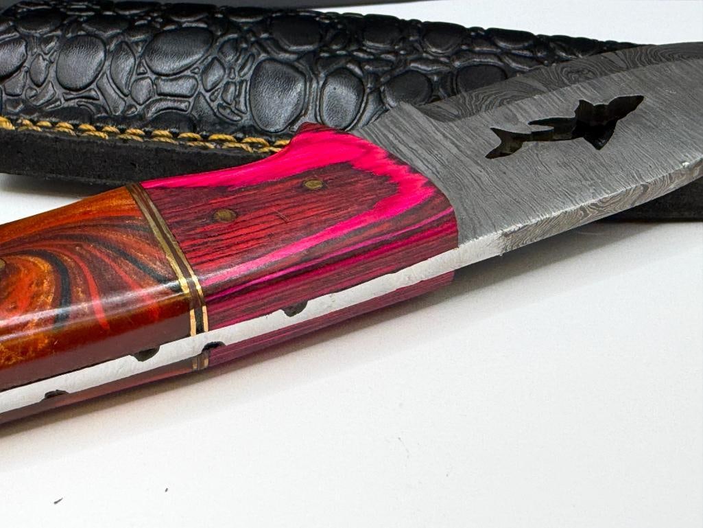DAMASCUS STEEL FIXED BLADE KNIFE WITH SHARK SILHOUETTE CUTOUT IN BLADE - 6