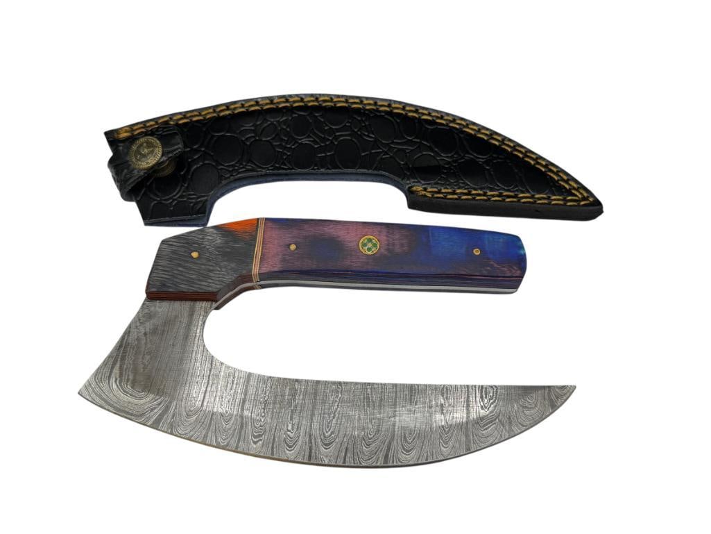 DAMASCUS STEEL ALASKAN ULU STYLE FIXED BLADE KNIFE: FEATURING DYED WOOD HANDLE, FULL TANG BLADE, AND INCLUDES A LEATHER SHEATH 7" BLADE