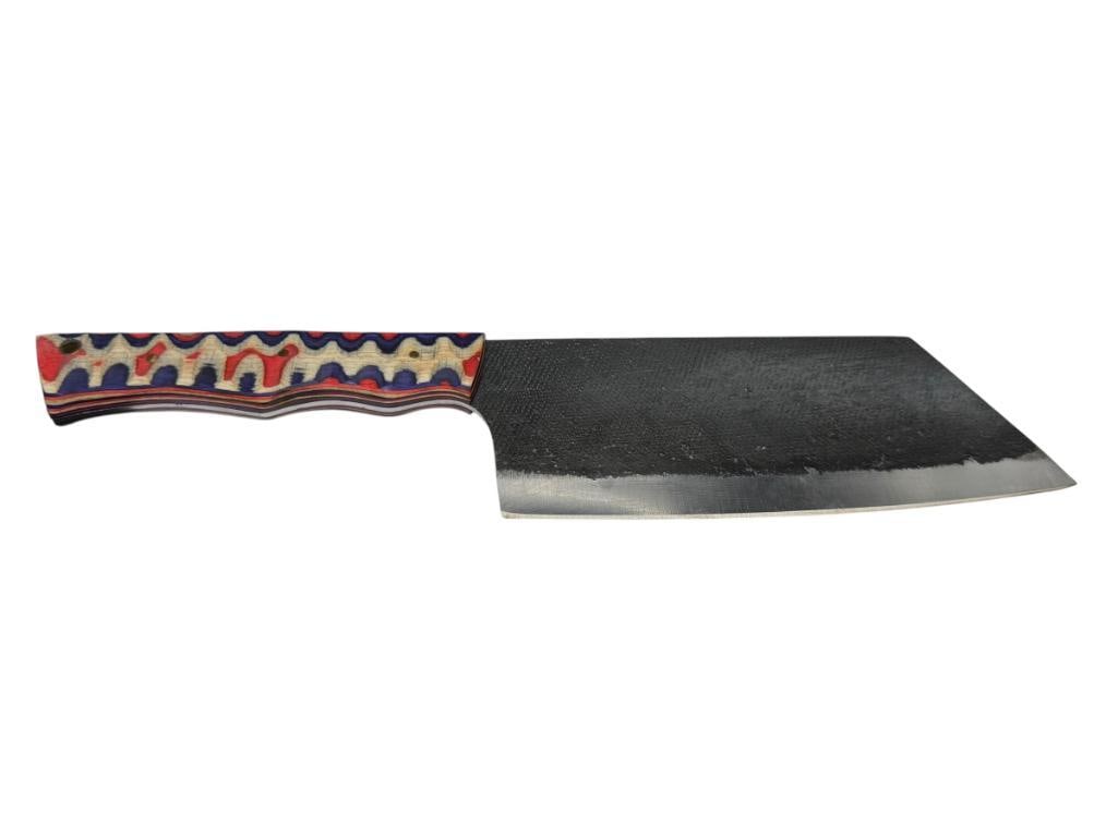 FORGED CARBON STEEL FIXED BLADE CLEAVER KNIFE: FEATURING FULL TANG STRAIGHT BACK BLADE AND DYED WOOD HANDLE 7" BLADE, 12" TOTAL LENGTH