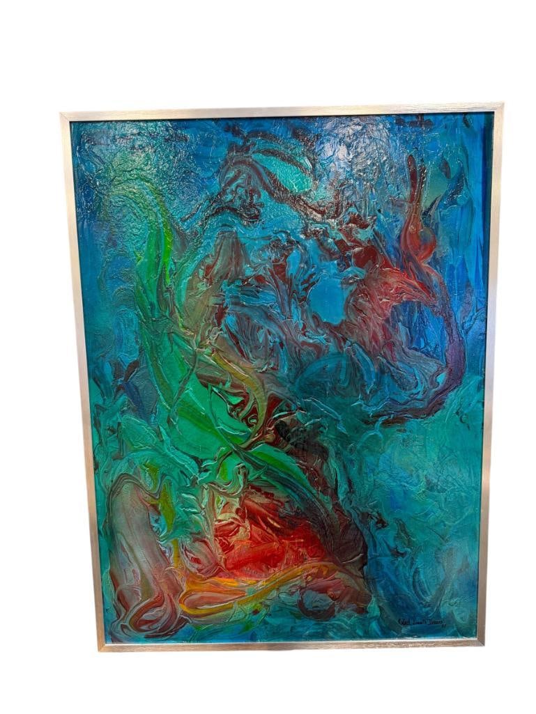 RAFAEL JOSEPH DARAIO SON TO INNCOCENZO DARAIO ORIGINAL MIXED MEDIA PAINTING TITLED A MERMAIDS DREAM: LARGE MIXED MEDIA ART ON BOARD, IN MOODY GREEN AND RED HUES, DEPICTS STYLIZED ABSTRACT MERMAID, SINGED LOWER RIGHT, PRICE ON THE BACK FOR $4,700, FRAMED 36 1/2" X 48 1/2" FRAME