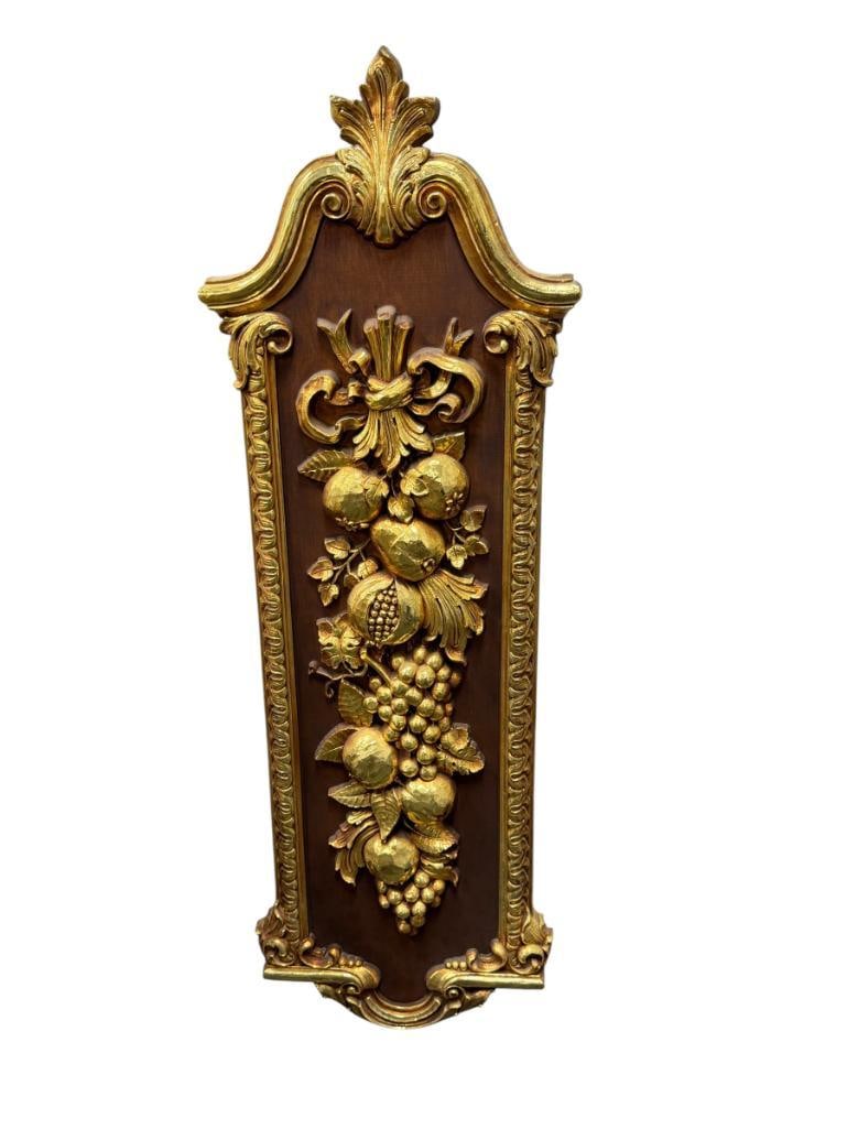 1974 SYRACUSE ORNAMENTAL CO HOLLYWOOD REGENCY STYLE HEVY RELIEF FRUIT PLAQUE NO. 7304: MOLDED FRUIT, CORNUCOPIA, WITH RIBBON, MARKED ON THE BACK 14" X 41"