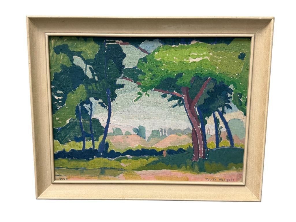TULITA WESTFALL MONTEREY,CA ARTIST ORIGINAL OIL ON BOARD PAINTING CYPRESS TREES LANDSCAPE 1925: TULITA WESTFALL (1889-1962) BORN IN MONTEREY CASA BORONDA, WAS A SKILLED WATERCOLORIST, ART DEPICTS LANDSCAPE WITH CYPRESS TREES AND HILLS AND TREES IN THE BACKGROUND, SIGNED LOWER RIGHT, DATED 1925, 
