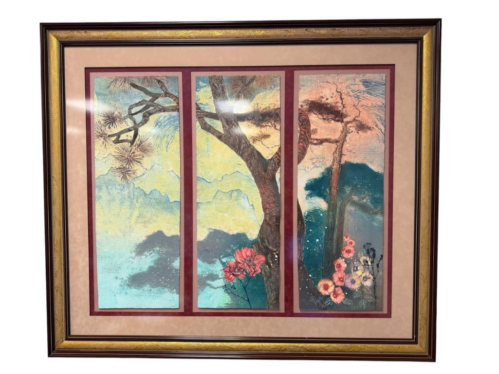 LARGE EMBOSSED TRIPTYCH-STYLE DECORATIVE WALL ART ASIAN INSPIRED LANDSCAPE (1 of 9)
