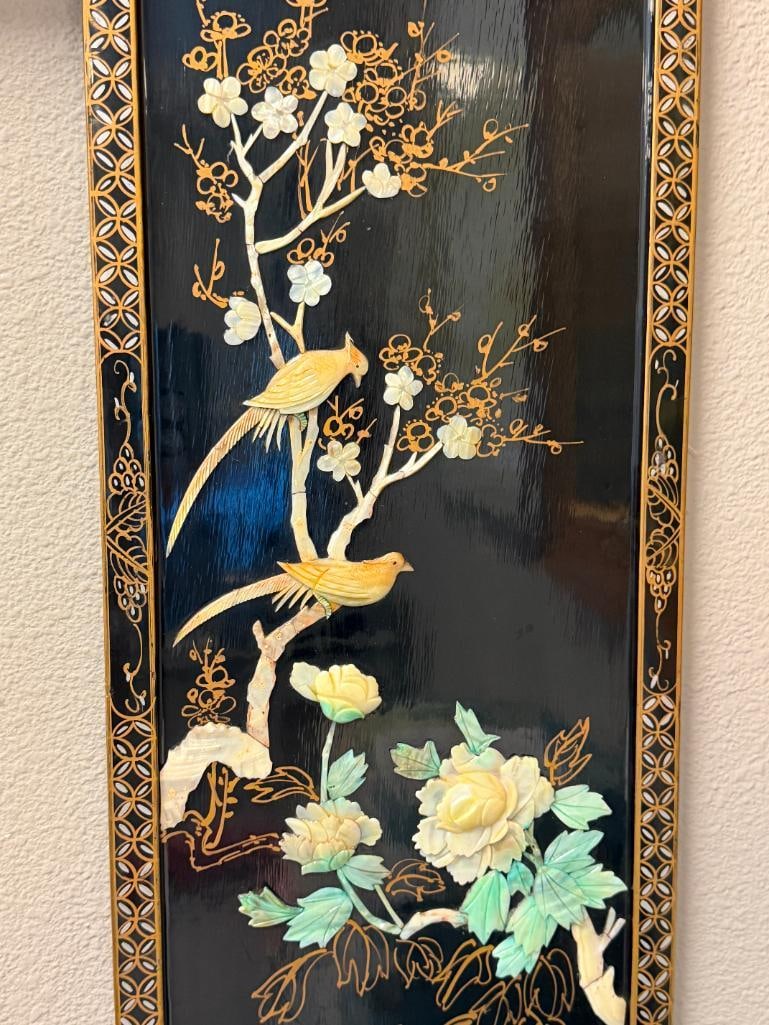 CHINESE BLACK LACQUERED RELIEF PANEL WITH MOTHER OF PEARL AND SILVER AND GILT ACCENTS - 2